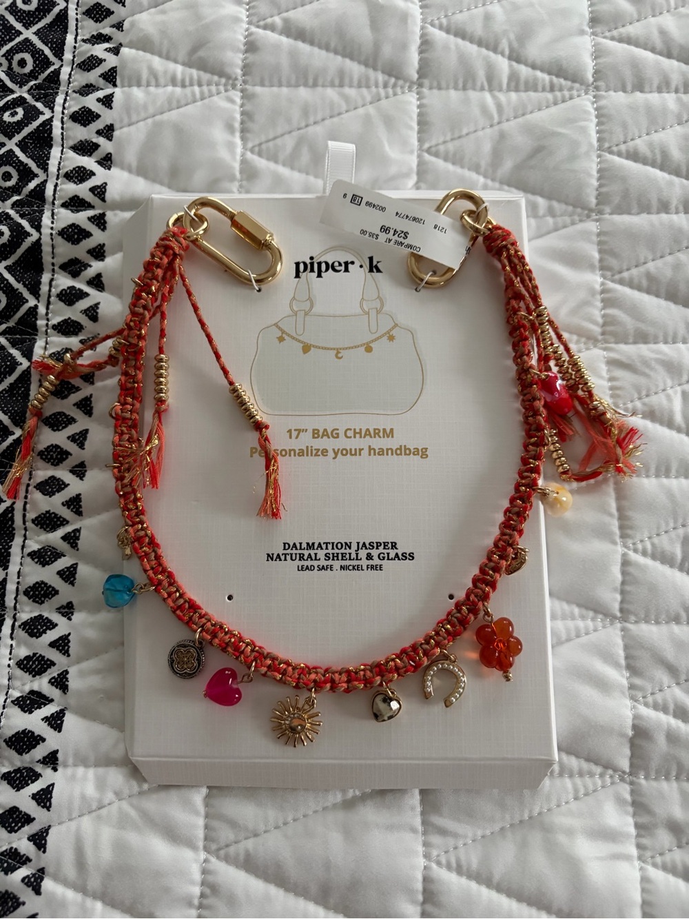 Piper Coral Braided Bag Charm with Mixed Charms
